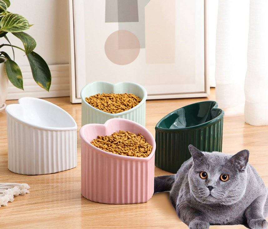 Heart-Shaped Ceramic Pet Bowl with Inclined Design