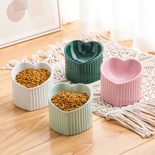 Heart-Shaped Ceramic Pet Bowl with Inclined Design