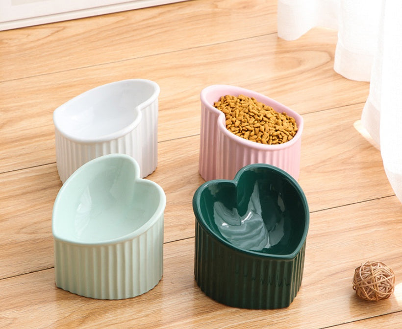 Heart-Shaped Ceramic Pet Bowl with Inclined Design