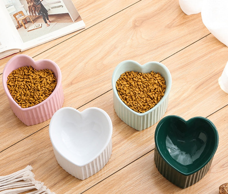 Heart-Shaped Ceramic Pet Bowl with Inclined Design